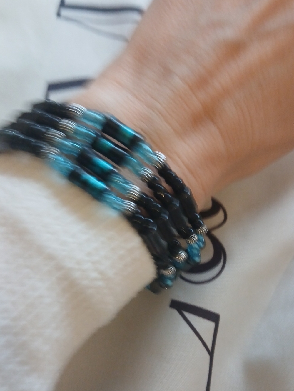 Multi-Strand Black and Teal Beaded Bracelet - Or Necklace With Hematite